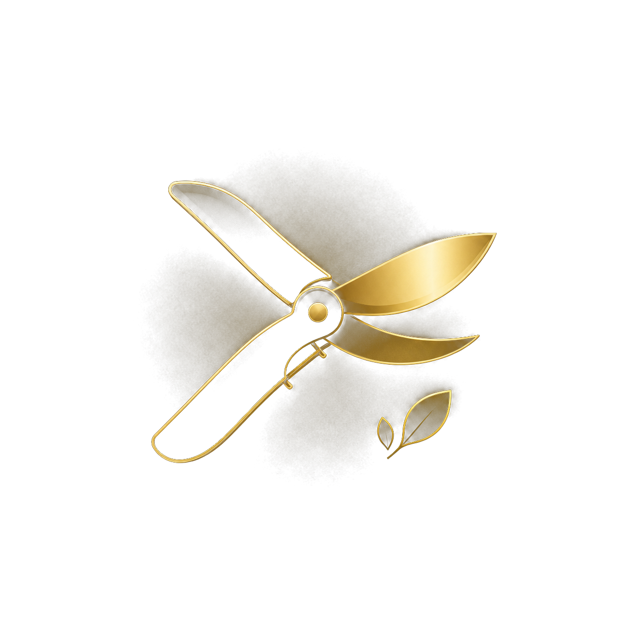 Sécateur ouvert avec feuilles dorées